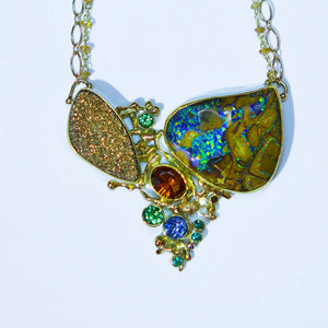boulder opal 18k gold drusy quartz hessonite garnet tsavorite 22k gold kalled necklace