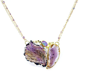 Carved Amethyst Leaf Necklace Boulder Opal Amethyst Geode 22k 18k