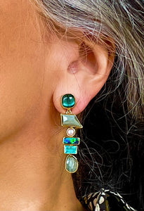 Boulder Opal Dangle Earring Tourmaline Apatite Pearl Gray Faceted Quartz 22k 18k