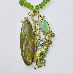 Boulder Opal Pendant on Peridot Beads "A Walk in the Woods"