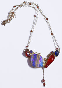 boulder opal red mexican opal tanzanite kyanite 22k gold necklace kalled