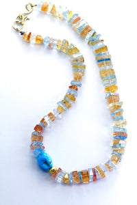 Natural Topaz Beaded Necklace Aquamarine Turquoise Gold