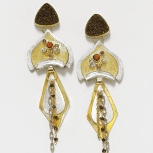 Silver-gold-drusy-zircon-garnet-layered-earrings