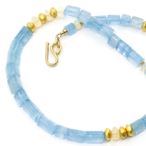 Aquamarine Trillion Beaded Necklace with Ethiopian Opal 18k Gold Beads