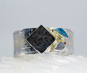 Jennifer Kalled Black Tourmaline Cuff Bracelet Boulder Opal Drusy Sapphire