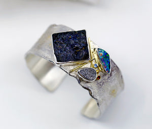 Jennifer Kalled Black Tourmaline Cuff Bracelet Boulder Opal Drusy Sapphire