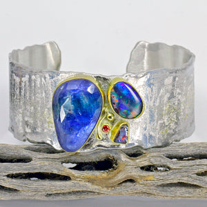 Blue Sapphire Rose Cut Boulder Opal Sculpted Cuff Bracelet Sapphire 22k 18k Sterling Silver