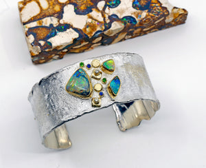 Boulder Opal Cuff Bracelet Sapphire Tsavorite 22k Gold Sterling Silver