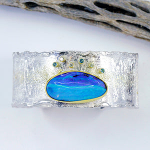 Boulder Opal Cuff Sculpted Cuff Bracelet Diamonds Topaz 22k 18k SS