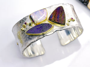 Boulder opal Hematite Drusy Sugilite Cuff Bracelet 22k Gold Sterling Silver Gold Dust