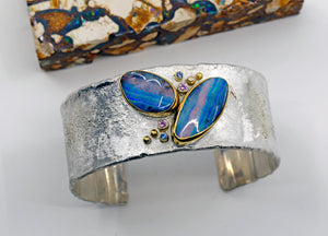 Boulder Opal Cuff Bracelet Sapphire 22k Gold Sterling Silver