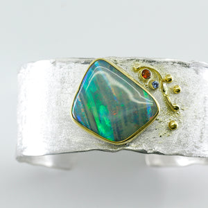 Boulder Opal Cuff Bracelet 22k Gold Sterling Silver Sapphire