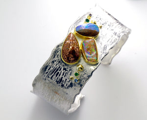 Boulder Opal Cuff Bracelet Fire Brick Tsavorite Garnet Sterling Silver 22k Gold