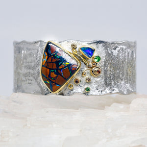 Boulder Opal Cuff Sculpted Bracelet Sapphire Tsavorite Garnet Diamond 22k 18k SS