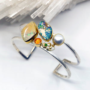 Boulder Opal Cuff Bracelet Pearl Spessartite Garnet Tsavorite Garnet 22k 18k SS
