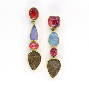 Boulder Opal Earrings Drusy Quartz Pink Tourmaline 22k 18k Gold