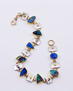 Boulder Opal Link Bracelet Demantoid Garnet Diamond 22k Gold Sterling Silver