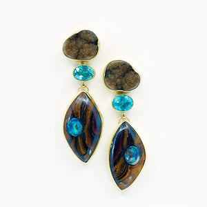 Jennifer Kalled Milk Chocolate Drusy Boulder Opal Apatite Earring 22k Gold Sterling Silver