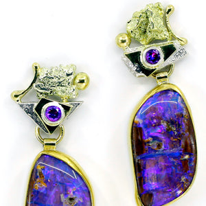 Opal in Petrified Wood Earrings 22k 18k Gold SS