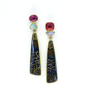 Boulder Opal Earrings Petrified Palm Wood Pink Tourmaline 22k 18k Gold