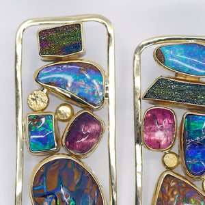 Jennifer Kalled Boulder Opal Earrings Tourmaline Rainbow Hematite 22k 18k