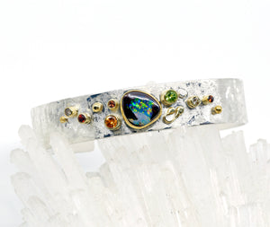 Jennifer Kalled Boulder Opal Galaxy Cuff Bracelet Sapphire Diamond Zircon Garnet