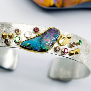 boulder-opal-cuff-bracelet-silver-gold-galaxy-spinel-tsavorite-kalled-kasso