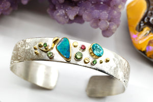Boulder Opal Galaxy Cuff Bracelet 22k Gold Sterling Silver Demantoid Garnet Apatite