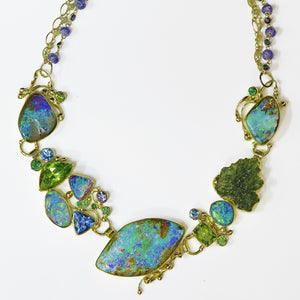 boulder opal moldavite tsavorte peridot topaz sapphire kalled necklace 22k gold