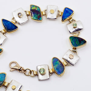 Boulder Opal Link Bracelet Demantoid Garnet Diamond 22k Gold Sterling Silver