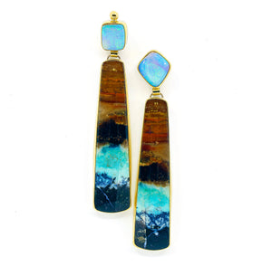 Boulder Opal Earrings Silicate Petrified Wood 22k 18k Gold