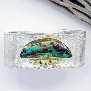 Boulder Opal Matrix Sculpted Cuff Bracelet Tsavorite Garnet Sapphire 22k 18k SS