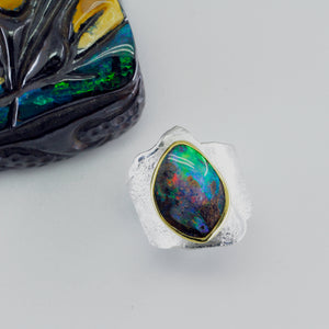 Boulder Opal Sculpted Ring 22k Gold Sterling Silver