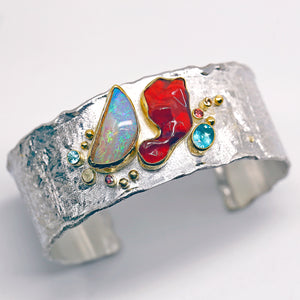 Boulder Opal Mexican Opal Sculpted Bracelet Sapphire Apatite Blue Zircon 22k 18k SS