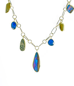 Boulder Opal Charm Necklace Drusy Aquamarine Tanzanite 22k Gold 14k Gold
