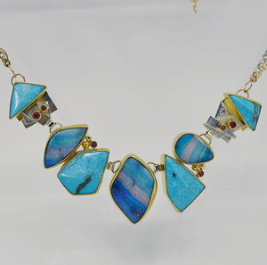 Jennifer Kalled Turquoise Boulder Opal Necklace Sapphire 22k 18k Gold Sterling Silver