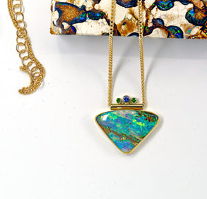 Boulder Opal Pendant Sapphire Tsavorite 22k 18k Gold Diamond Cut Chain