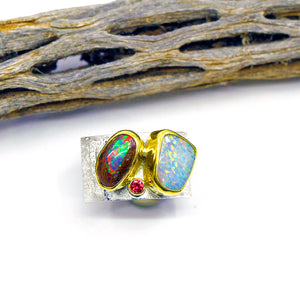 Boulder Opal Ring 22k Gold Sterling Silver 4mm Band