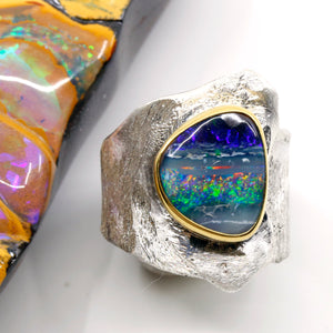 Boulder Opal Ring 22k Gold Sterling Silver