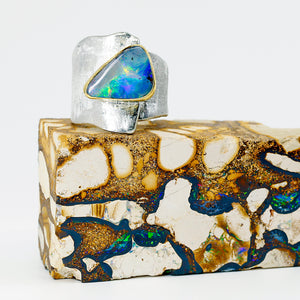 Boulder Opal Ring 22k Gold Sterling Silver Band