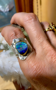 Boulder Opal Ring 22k Gold Sterling Silver