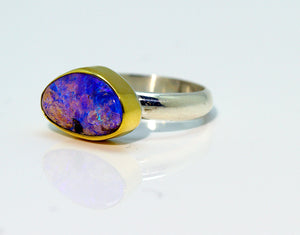Boulder Opal Gold Ring Petrified Wood Opal
