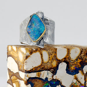 Boulder Opal Ring 22k Gold Sterling Silver Band