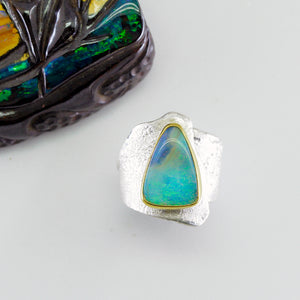 Boulder Opal Wide Band Ring 22k Gold Sterling Silver