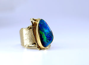 Jennifer Kalled Boulder Opal Ring Sculpted Band 22k 18k Gold