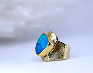 Boulder Opal Ring Sculpted Wide 18k Gold Band 22k Gold Bezel
