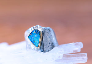 Boulder Opal Ring Sterling Silver Wide 22k Gold
