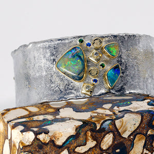 Boulder Opal Cuff Bracelet Sapphire Tsavorite 22k Gold Sterling Silver
