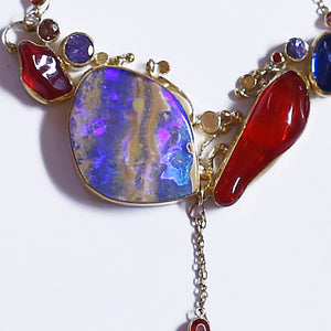 boulder opal red mexican opal tanzanite kyanite 22k gold necklace kalled