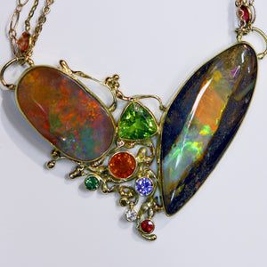 Pipe opal boulder opal orange sapphire tanzanite peridot 22k gold necklace kalled